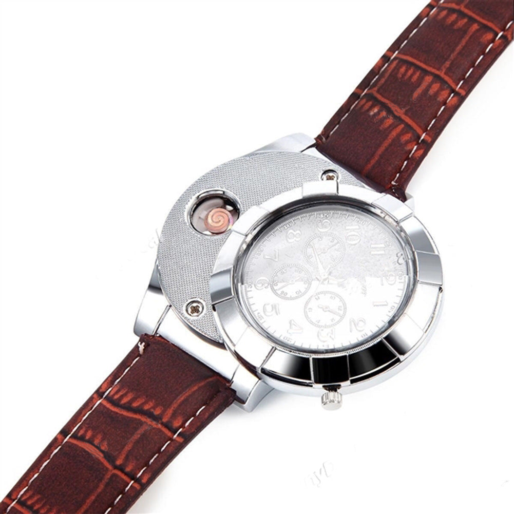 Electronic cigarette lighter watch USB rechargeable lighter multi-function watch silicone quartz watch fake three-eye watch