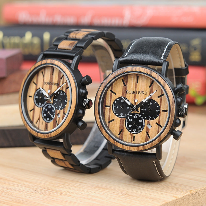 BOBO BIRD genuine inter-wood all-wood watch quartz watch three-eye multi-function waterproof watch men's watch