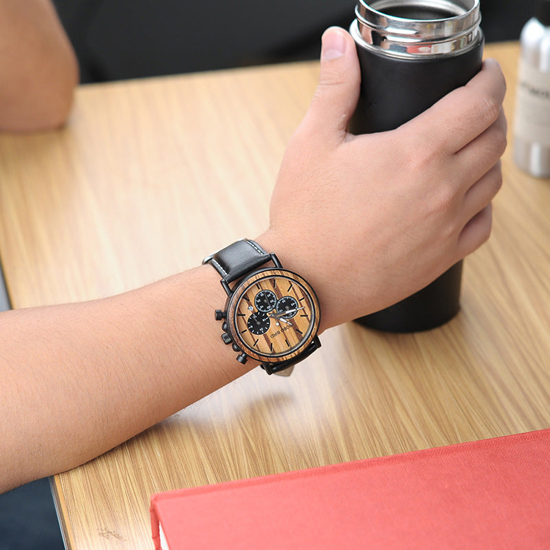 BOBO BIRD genuine inter-wood all-wood watch quartz watch three-eye multi-function waterproof watch men's watch