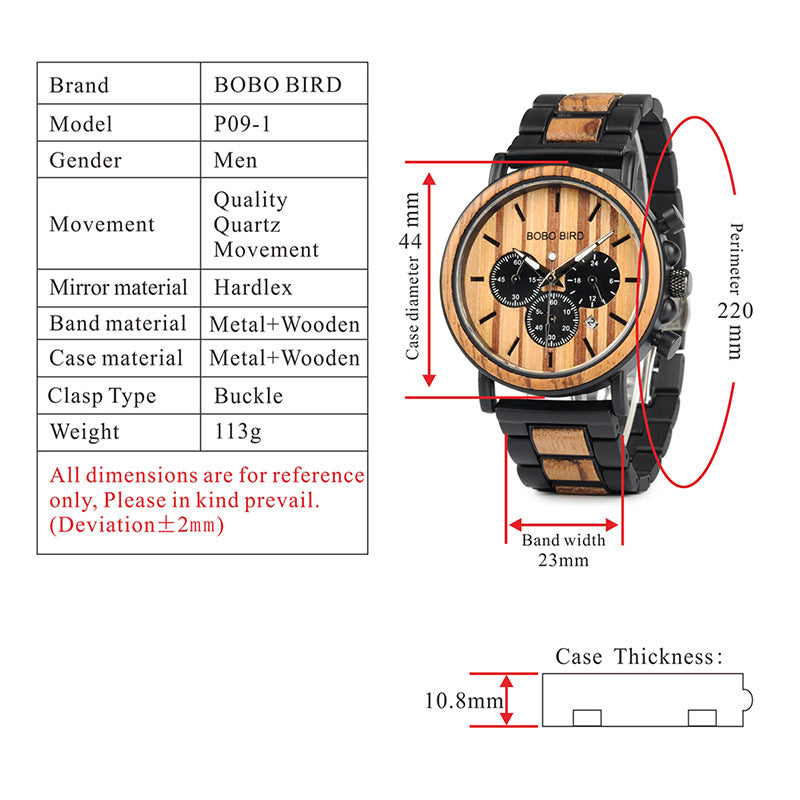 BOBO BIRD genuine inter-wood all-wood watch quartz watch three-eye multi-function waterproof watch men's watch