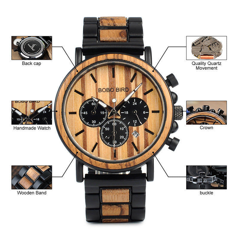 BOBO BIRD genuine inter-wood all-wood watch quartz watch three-eye multi-function waterproof watch men's watch