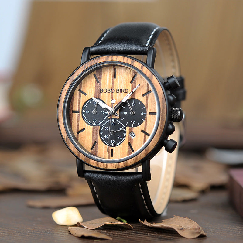 BOBO BIRD genuine inter-wood all-wood watch quartz watch three-eye multi-function waterproof watch men's watch