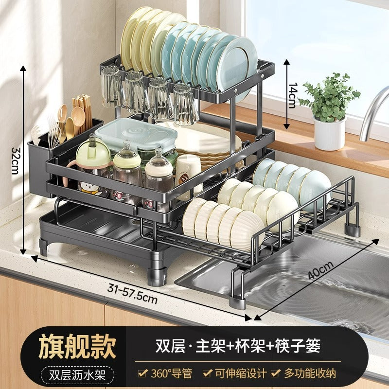 Cross-border extendable and foldable dish rack, sink side dish and cutlery storage rack, cutting board, knife, fork and chopstick holder