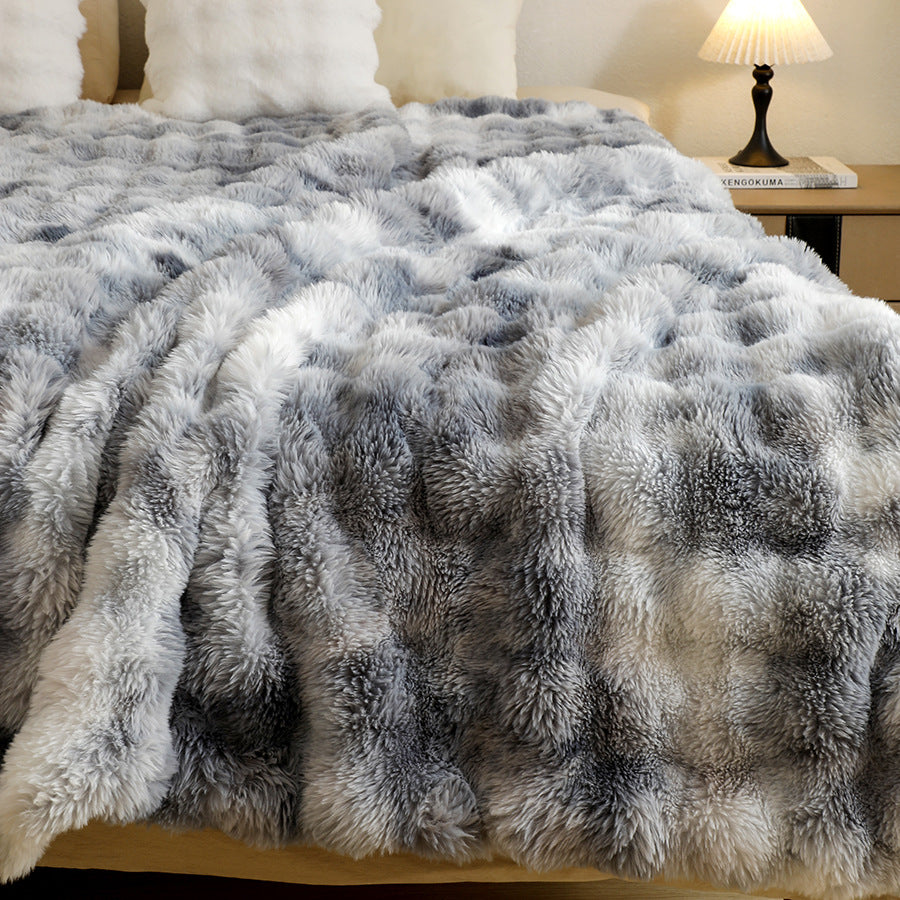 Double-layer thickened rabbit fur blanket, light luxury style, double-sided plush bubble blanket, multi-functional sofa blanket.