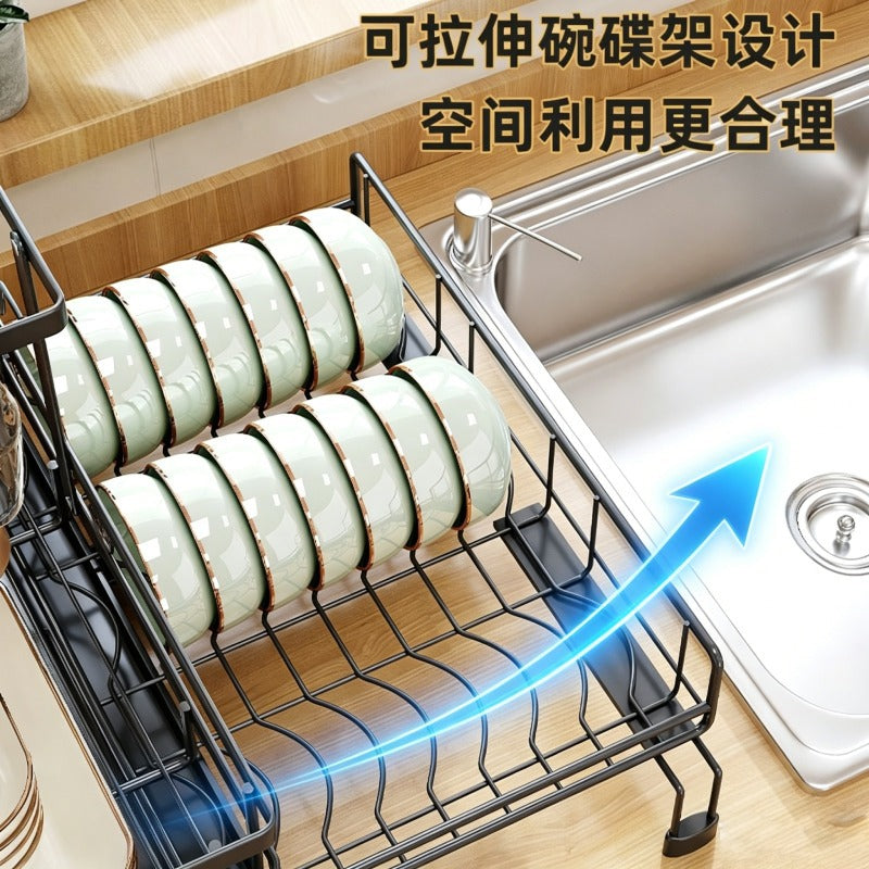 Cross-border extendable and foldable dish rack, sink side dish and cutlery storage rack, cutting board, knife, fork and chopstick holder
