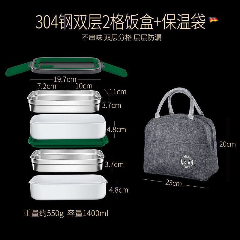 304 stainless steel water-filled insulated lunch box, sealed fresh-keeping box, double-layer compartment lunch box, microwave portable lunch box